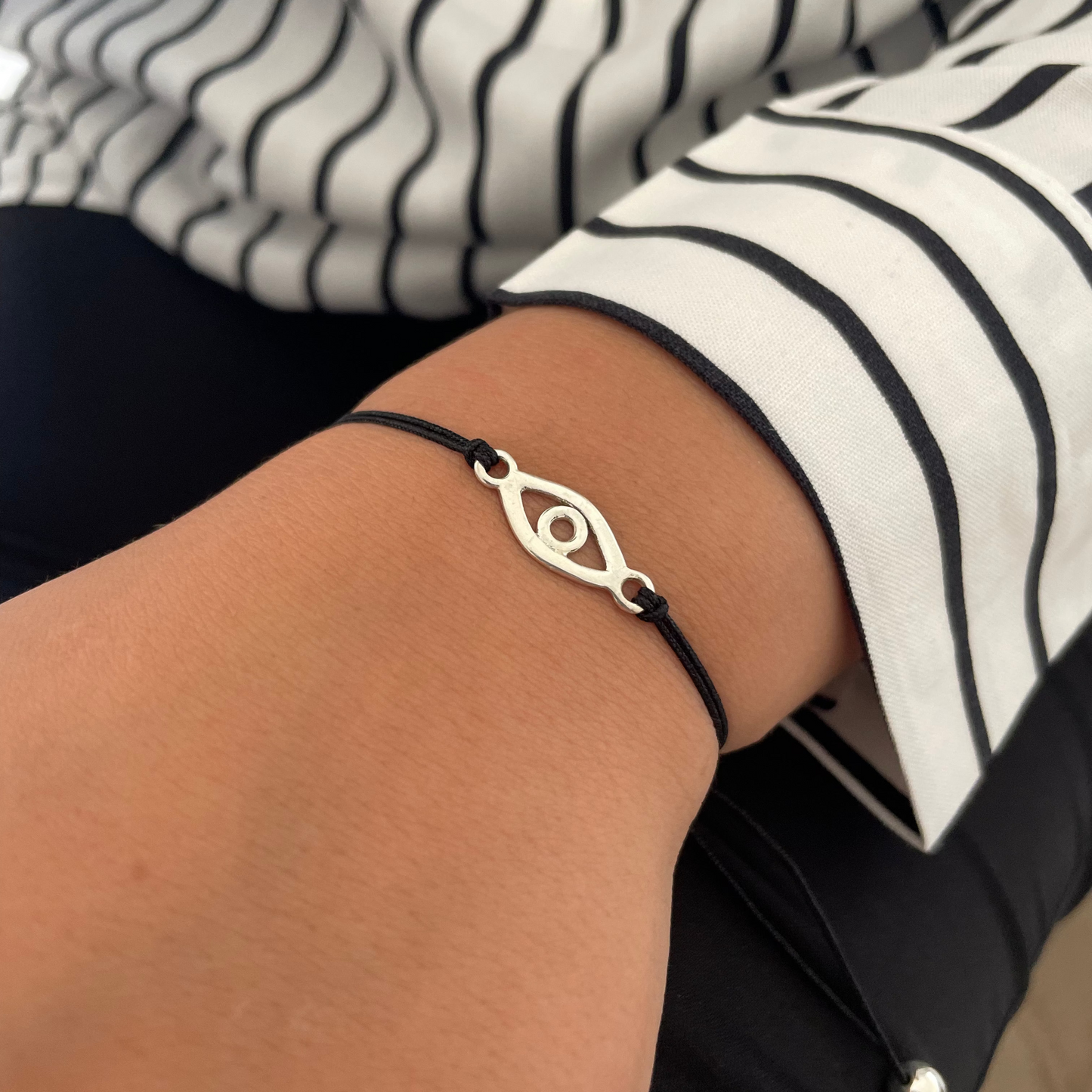 Sterling Silver Eye Charm Bracelet – Adjustable Black Thread